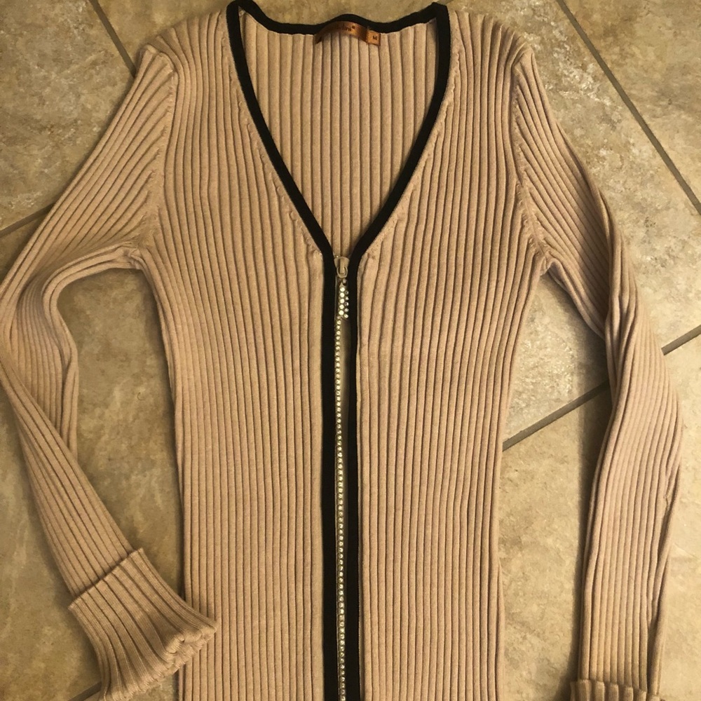 Baldini size medium black and beige V-neck sequin zipper sweater
